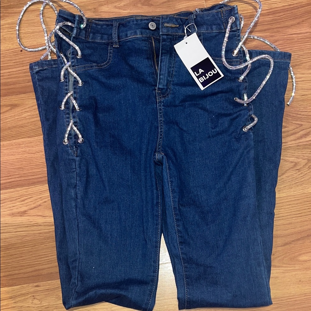 Forever 21 Dark Blue Lace-Up Straight Leg Jeans